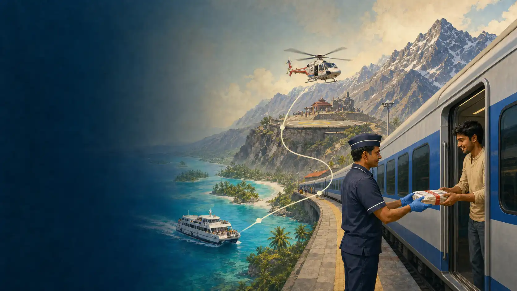 Train meal delivery, Himalayan helicopter travel, and Lakshadweep passenger ferry